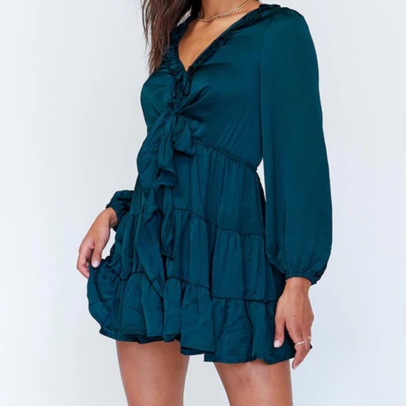 Princess Polly Teal size 10 Randi Satin Tie Front Tiered Fit & Flare Mini Dress - Picture 2 of 9